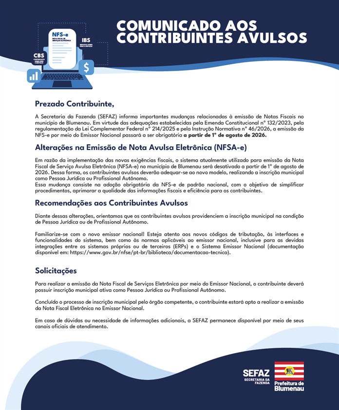 Comunicado aos Contribuintes Avulsos